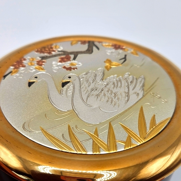 VINTAGE Swans Art Of Chokin 24KT Gold Edged Black Trinket Box Made in Japan - Picture 3 of 6